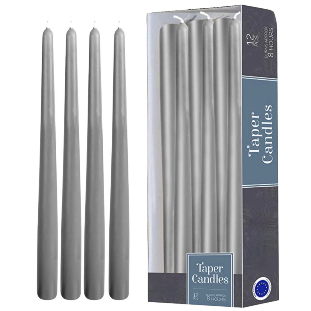 Bundle of 12 Gray Taper Candles 10"H